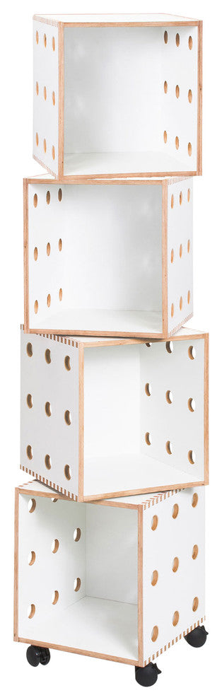 Modern Wood Narrow Media Bookcase, Offi Perf Boxes, White