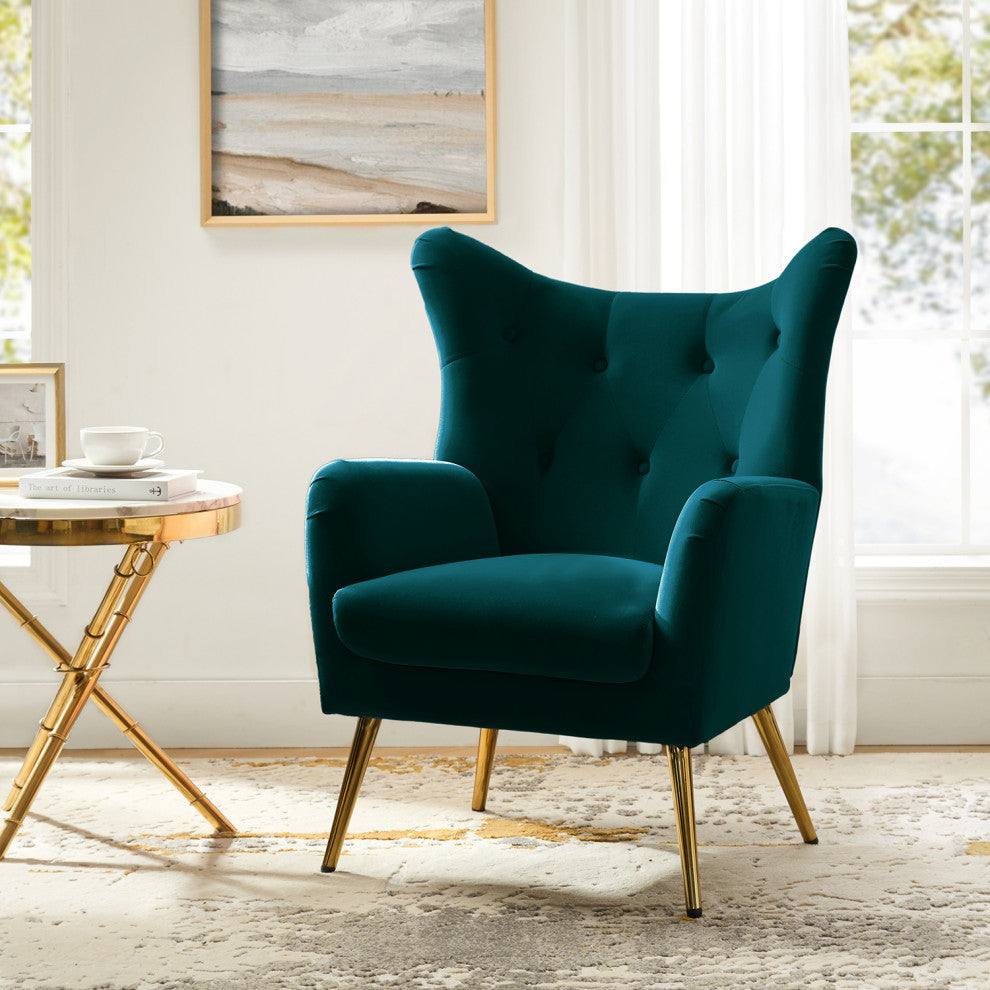 Tufted Accent Chair With Golden Legs, Teal