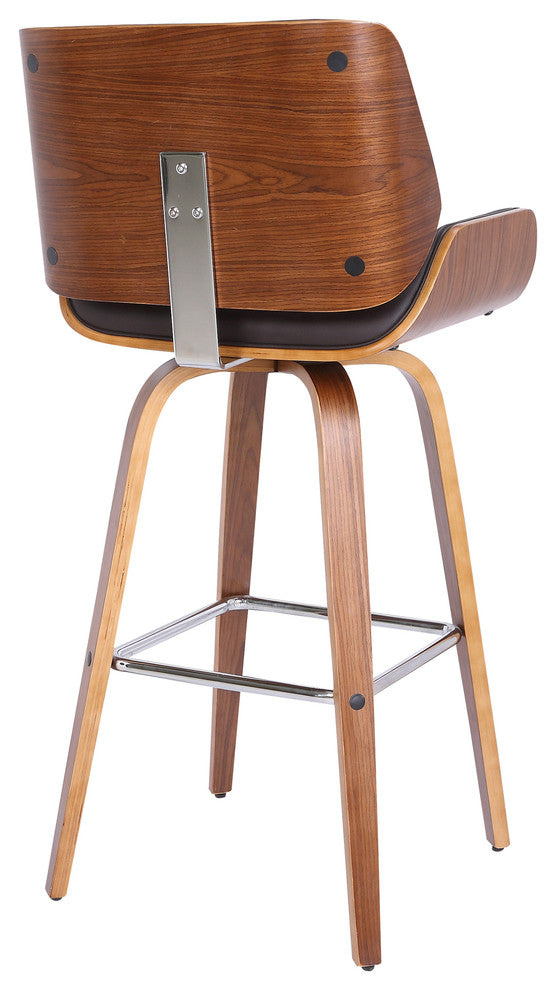 Carter 30" Mid-Century Swivel Barstool, Brown Faux Leather With Walnut Veneer