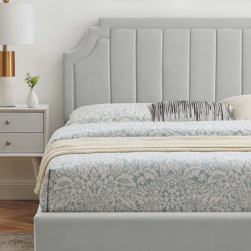Platform Bed Frame, King Size, Velvet, Light Gray, Modern Contemporary