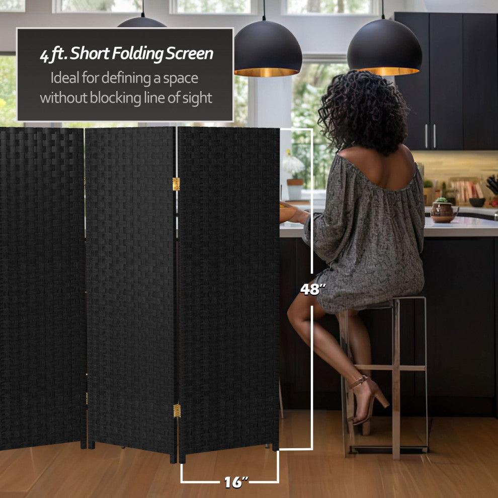 4' Tall Woven Fiber Room Divider, Black, 6 Panel