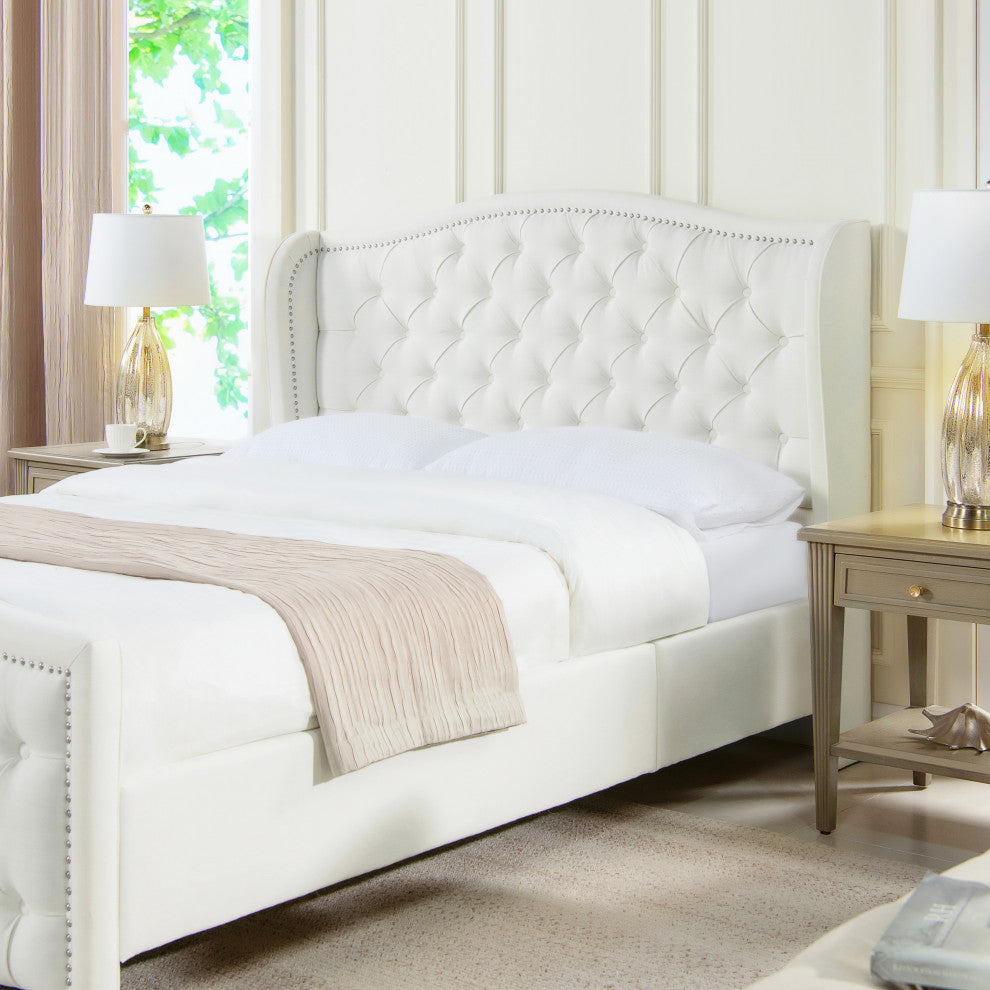 Fontana Wingback Upholstered Platform Bed Frame, Antique White Polyester, Queen