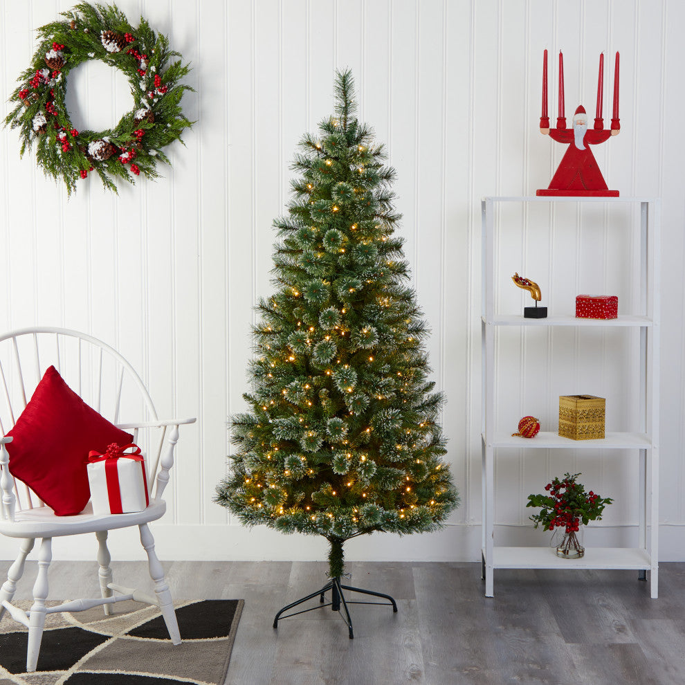 6' Wisconsin Slim Snow Tip Pine Faux Christmas Tree With 300 Clear LED Lights