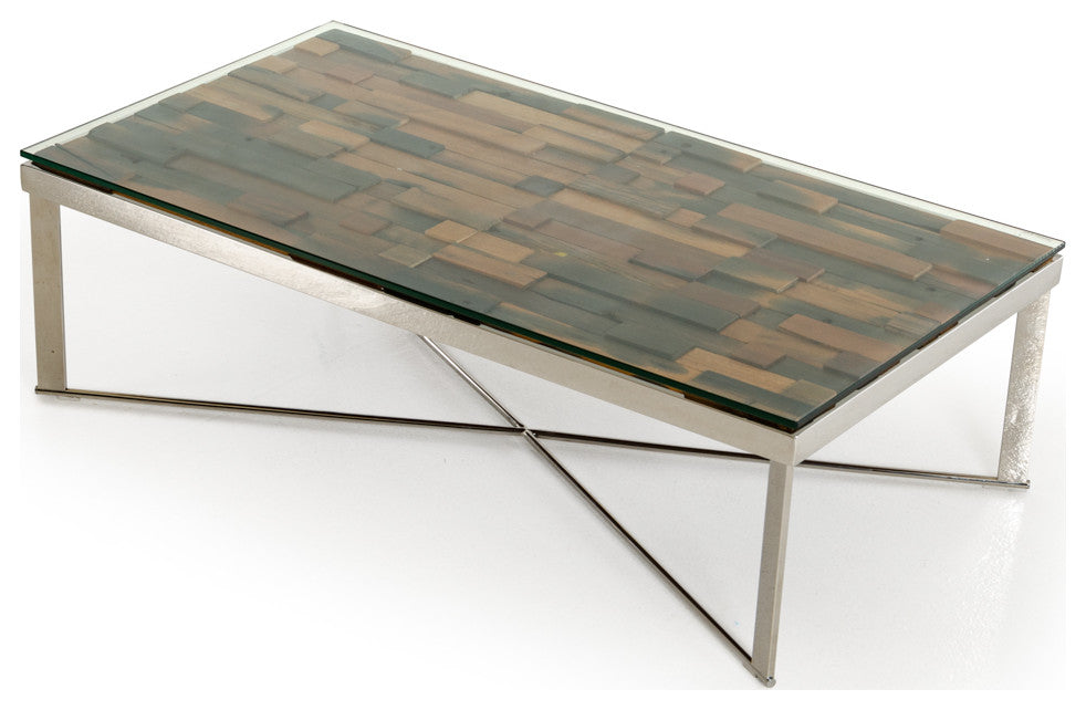 HomeRoots 14" Mosaic Wood Glass and Steel Coffee Table