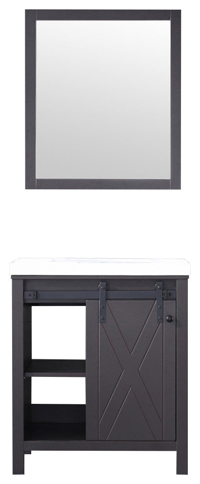 Marsyas 30" Brown Single Vanity Cabinet Quartz Top Square Sink, 28" Wall Mirror