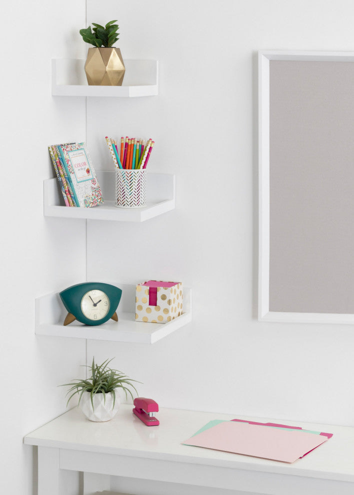 Levie Corner Shelf Set, White 3 Piece