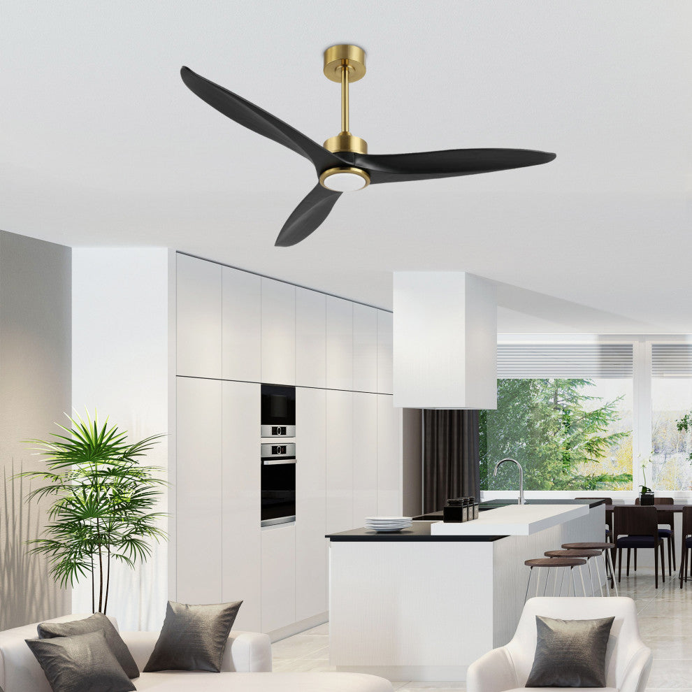 52" Solid Wood 3-Blade LED Ceiling Fan With Remote Control and Light Kit, Gold/Black