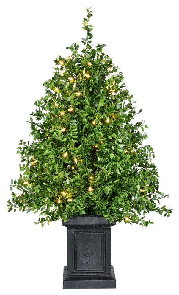 3' Boxwood Porch Tree, Black Pot With Warm White Lights