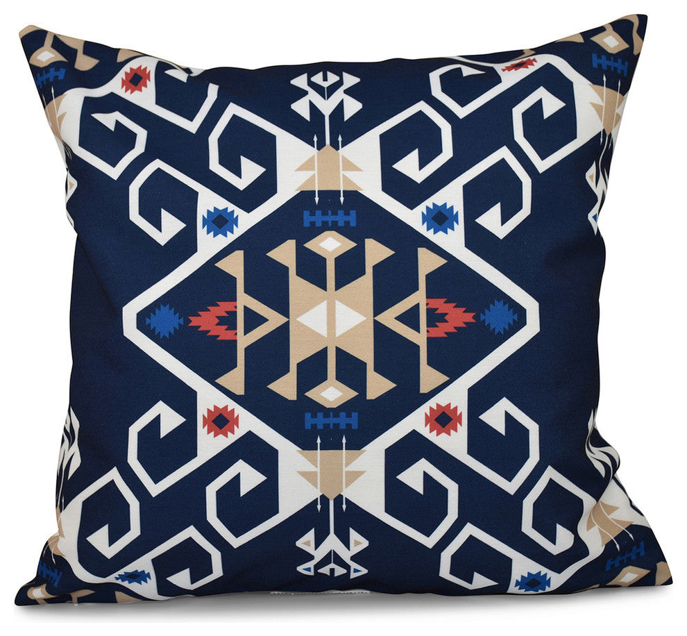 Jodhpur Medallion, Geometric Outdoor Pillow, Navy Blue, 18"x18"