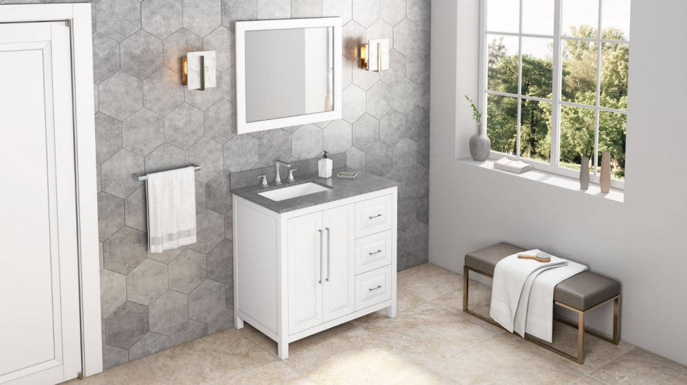 Cade Transitional 36" White Left Offset Sink Vanity, Steel Grey Cultured Marble