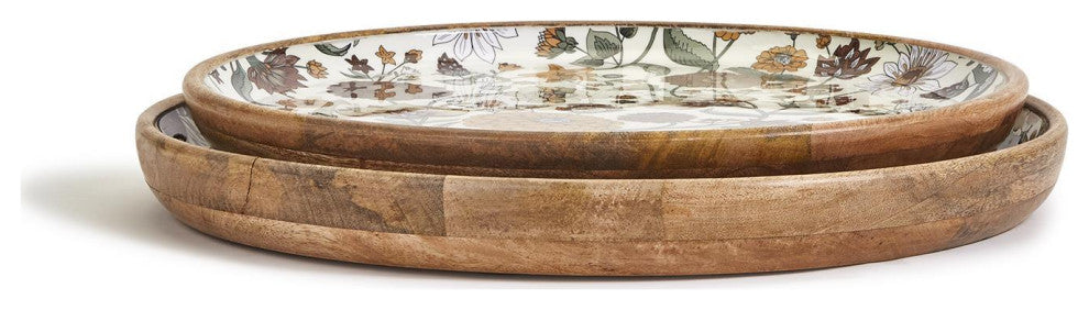 Two's Company Naturally Floral Set of 2 Wood Round Trays with Enamel