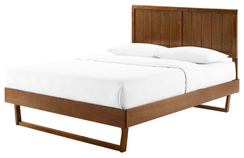 Platform Bed Frame, King Size, Wood, Brown Walnut, Modern Mid-Century, Bedroom