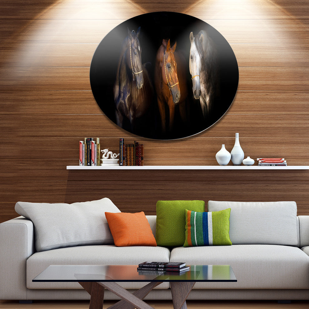 Three Horses With Golden Bridle, Animal Disc Metal Wall Art, 23"
