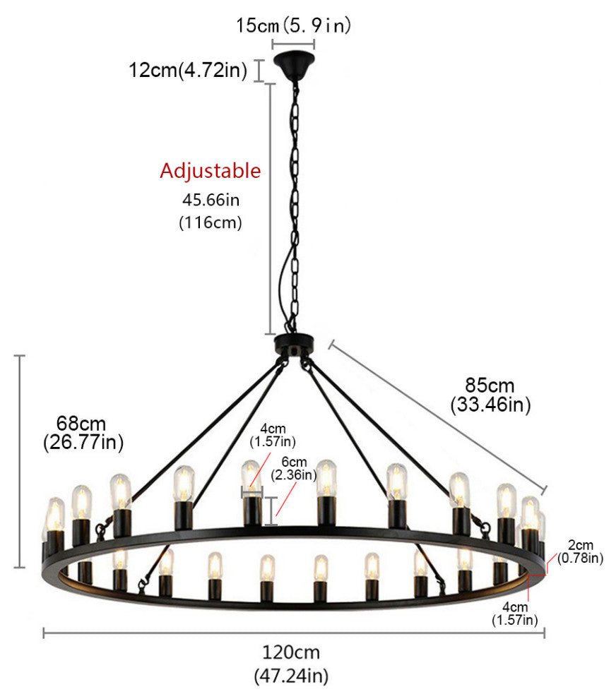 24-Light Candle Wagon Wheel Chandelier Farmhouse Black Pendant Lights, Black