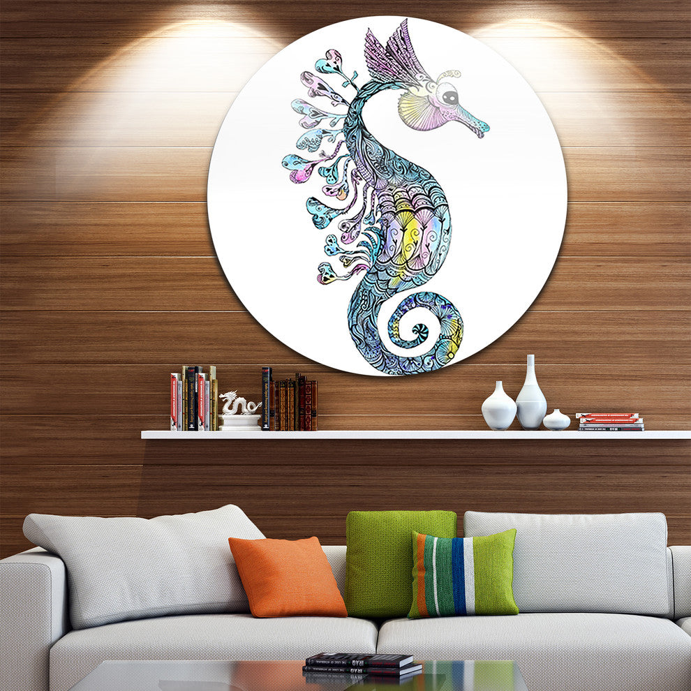 Colorful Seahorse Watercolor, Animal Painting Round Wall Art, 23"
