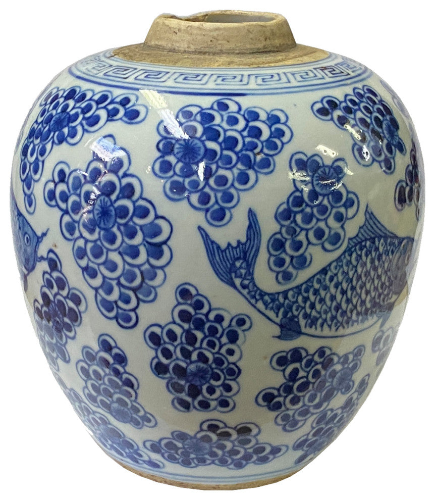 Oriental Handpainted Fishes Small Blue White Porcelain Ginger Jar Hws2325