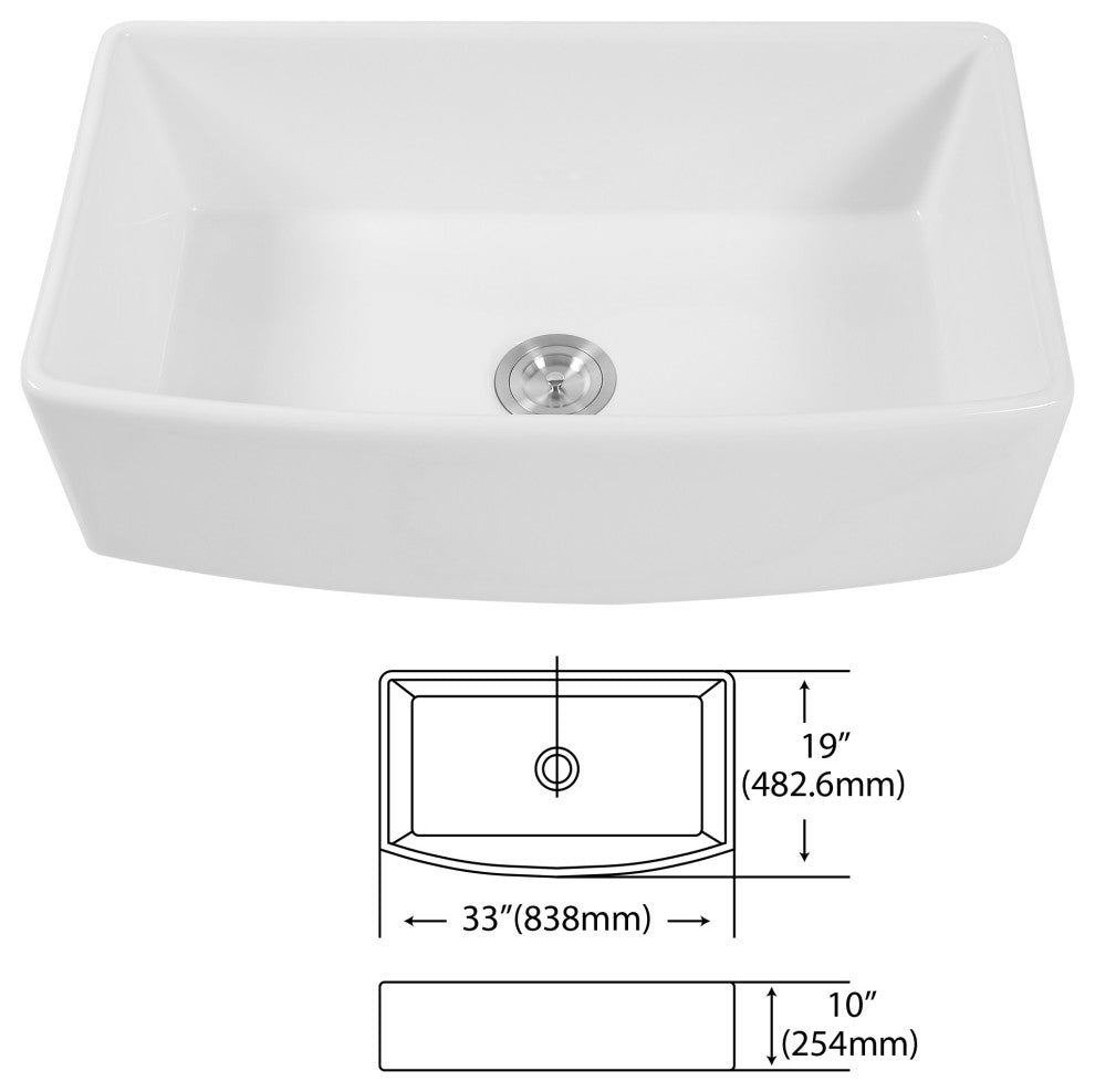 White Farmhouse Ceramic Kitchen Sink Single Bowl Apron Front Basin, 33"x19"x10"