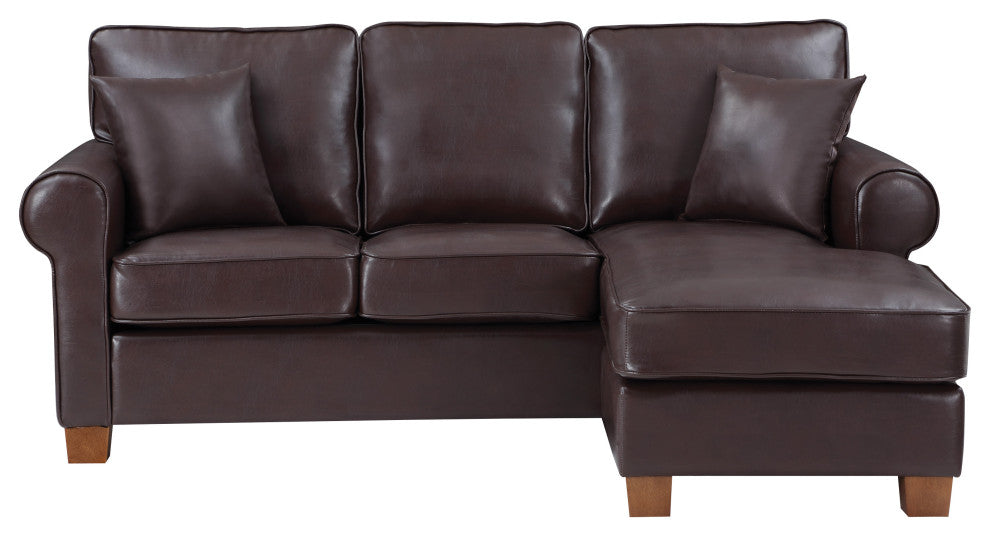 Rylee Rolled Arm Sectional, Cocoa Faux Leather With Pillows and Coffee Legs