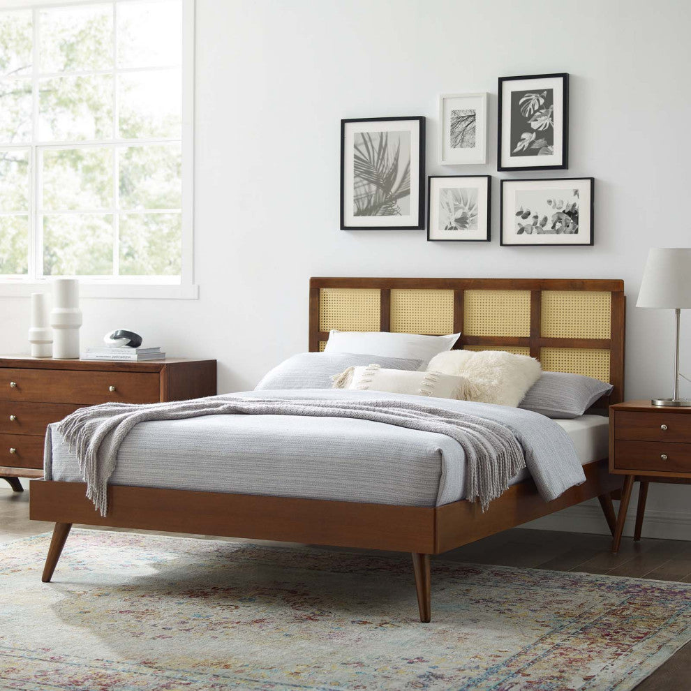 Platform Bed Frame, King Size, Wood, Brown Walnut, Modern Mid-Century, Bedroom