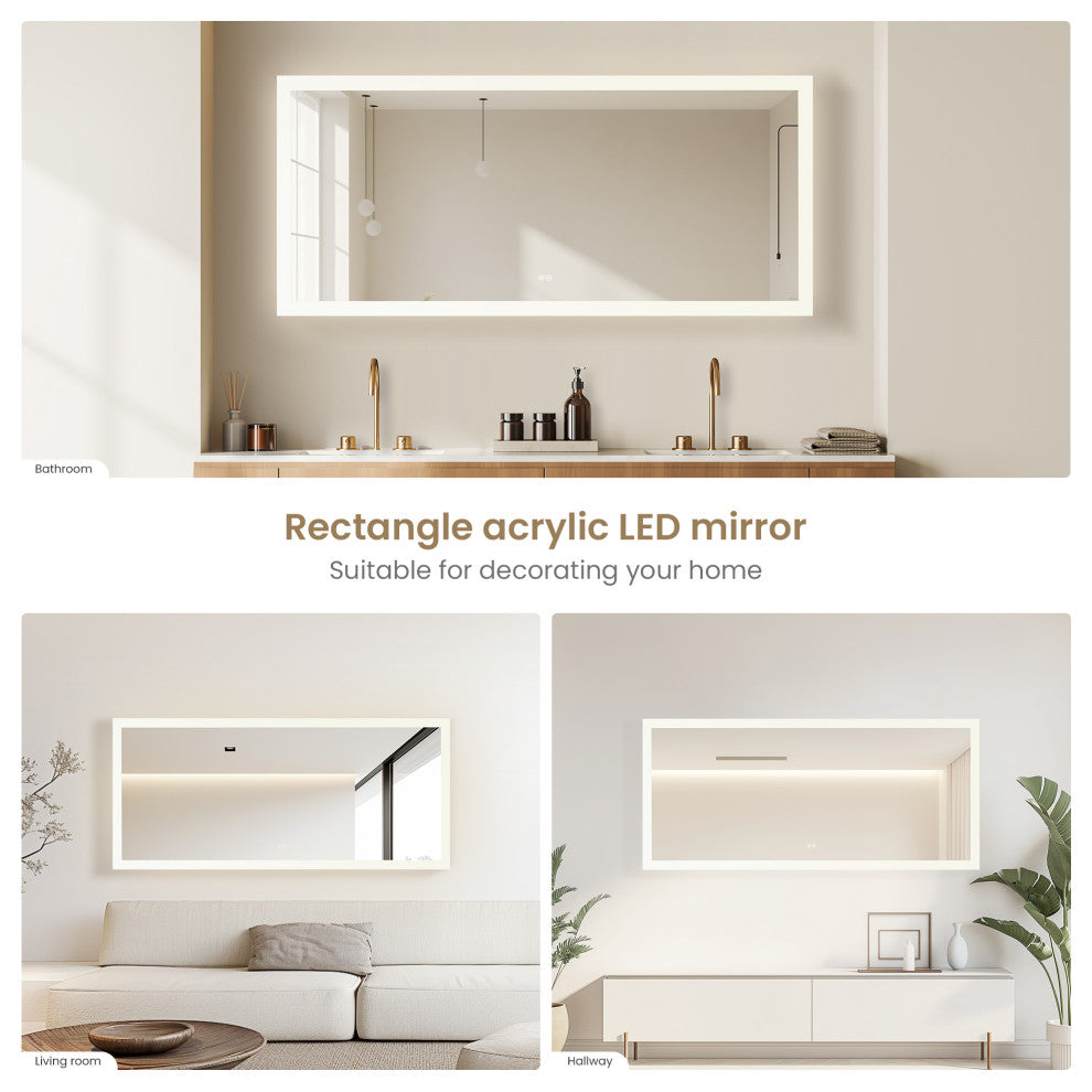 Beijing Rectangular Frameless LED Wall Bath Vanity Mirror, Acrylic, 72"w X 32"h