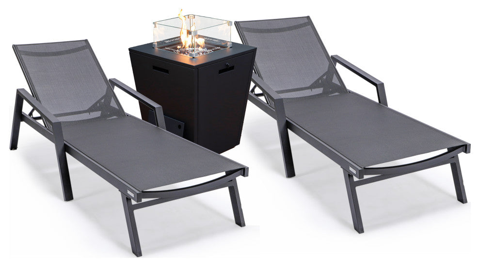 LeisureMod Marlin Chaise Lounge Chair With Arms and Fire Pit Table, Black
