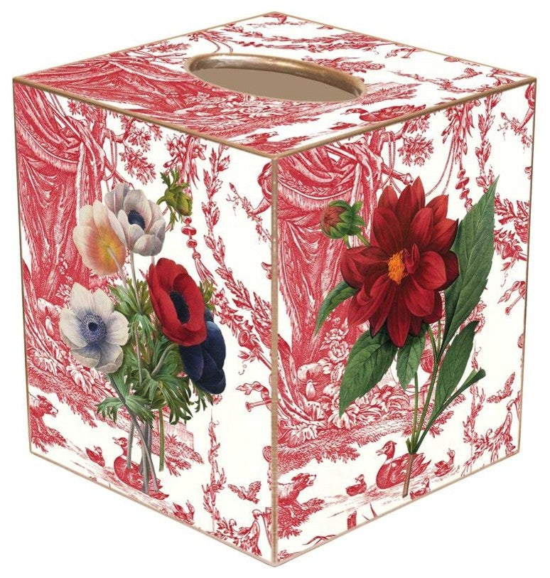 TB842-Red Flowers on Red Toile Tissue Box Cover