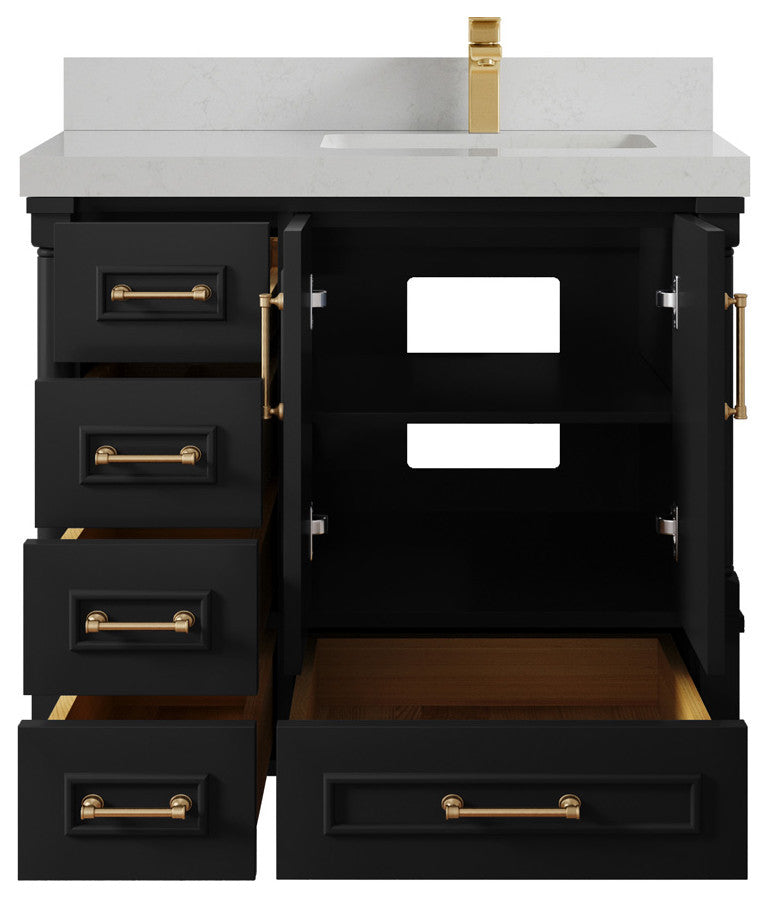 Aberdeen 36 Right Offset Bath Vanity in Black 2" Carrara Quartz
