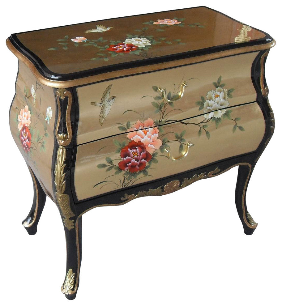 30" Wide Oriental Bombe Chest of Drawer Hand Painted Chinese Floral on Gold Leaf
