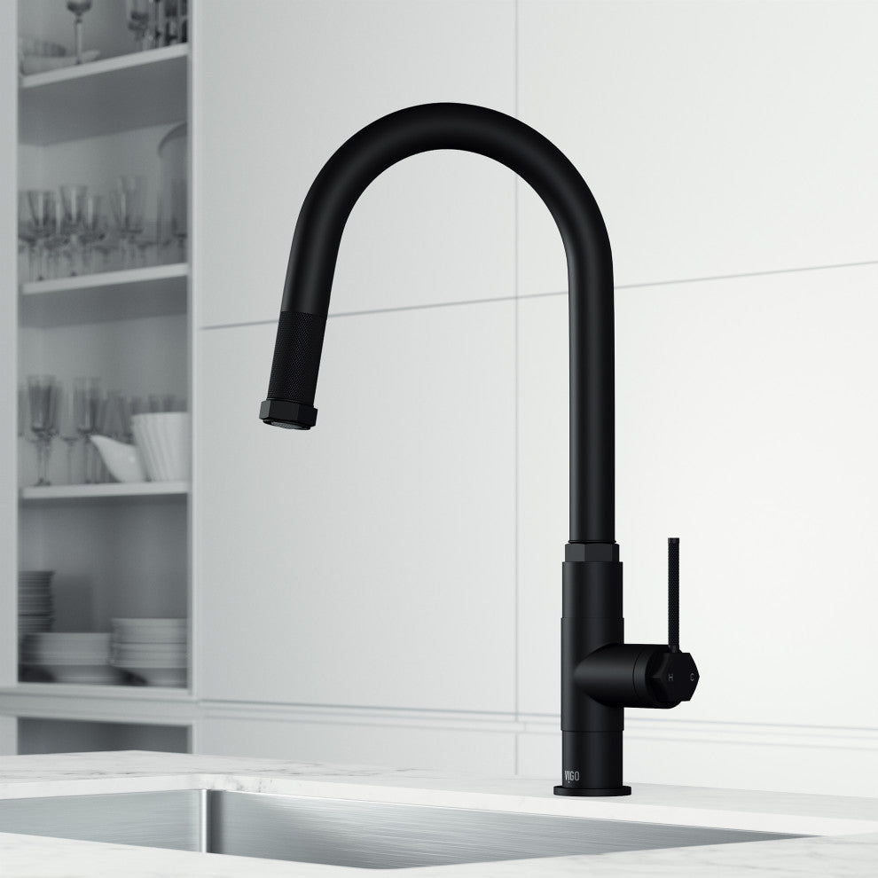 VIGO Hart Arched 18" H Single Handle Pull-Down Kitchen Faucet, Matte Black, Without Extras