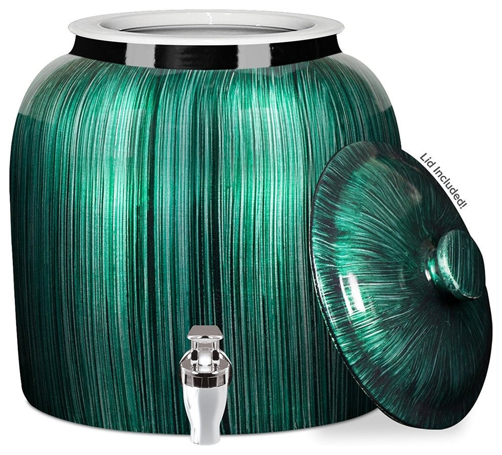 Brio Porcelain Water Crock with Faucet, Vertical Green Stripe