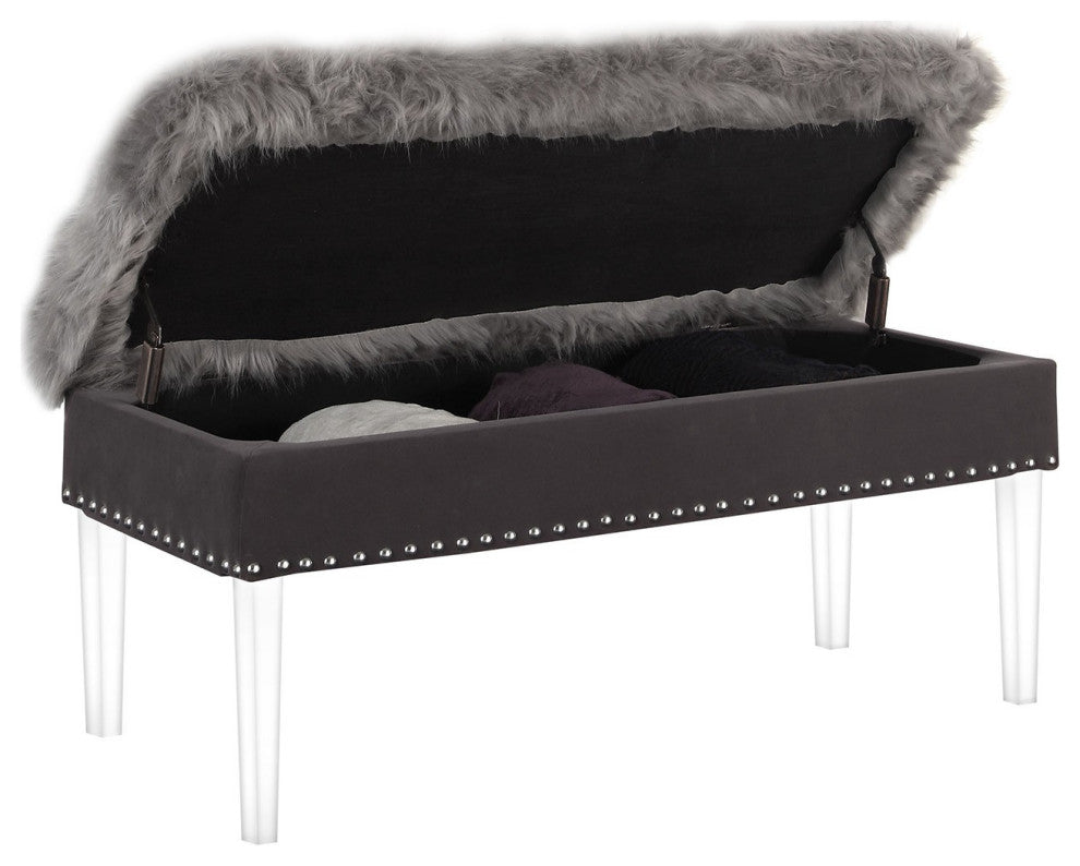 Contemporary Chic Gray Faux Fur and Clear Acrylic Storage Bench
