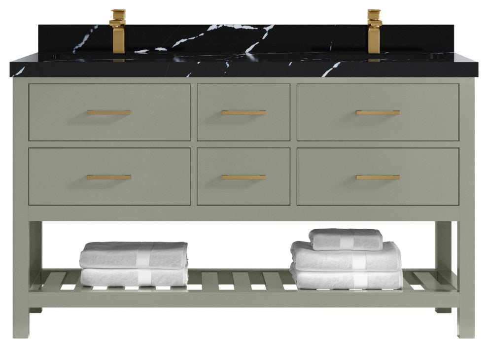 Parker 60" Double Sink Bath Vanity, Evergreen 2" Calacatta Black