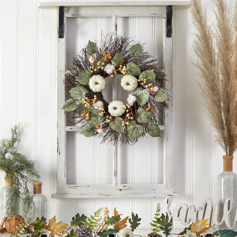22" Autumn Green Pumpkin, Cotton and Berries Artificial Fall Wreath