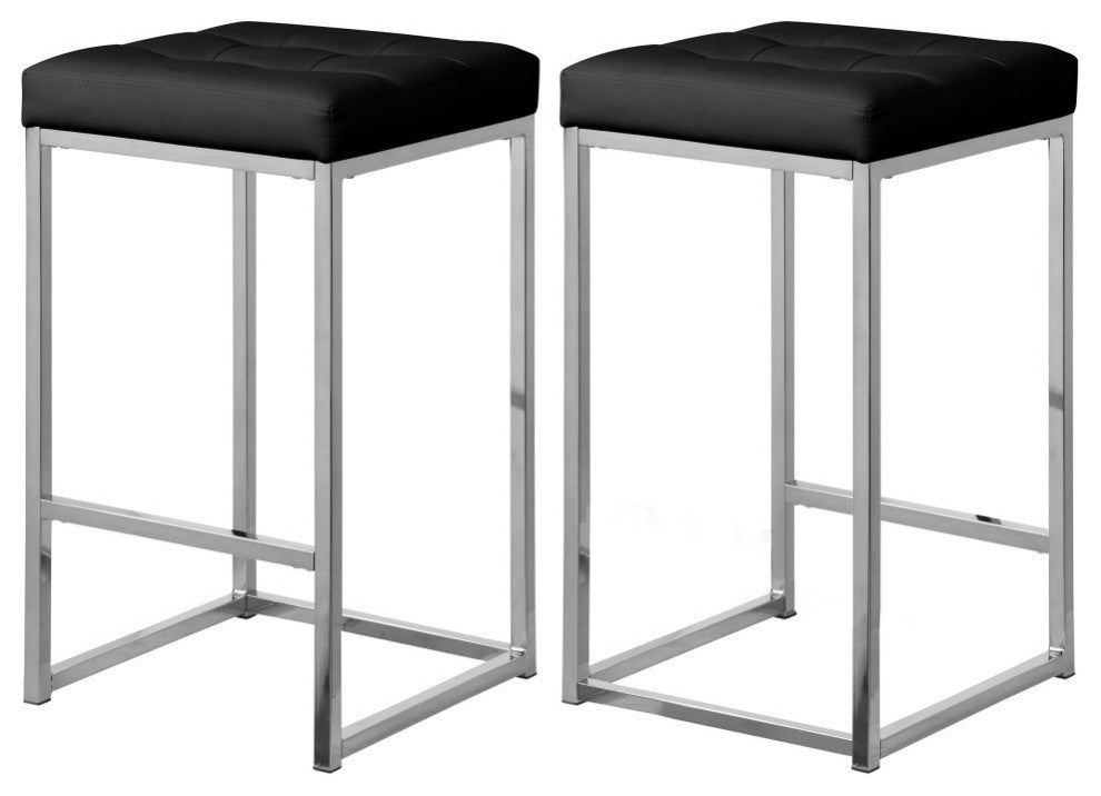Nicola Counter Stool, Set of 2, Black, Vegan Leather, Chrome Base