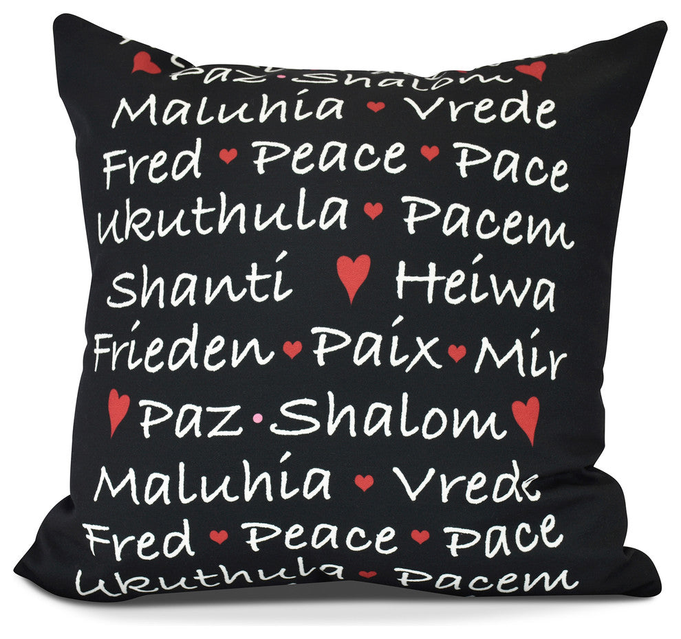 Words of Peace,Word Print Pillow,Black, 26" x 26"