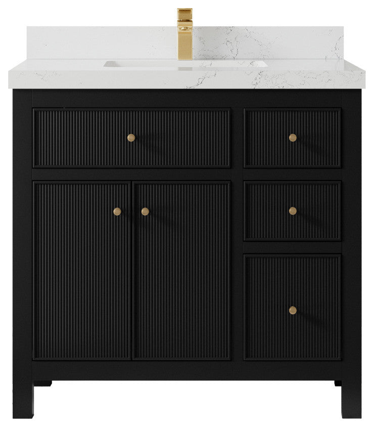 Sonoma 36 Center Sink Reeded Bath Vanity in Black 2" Empira White