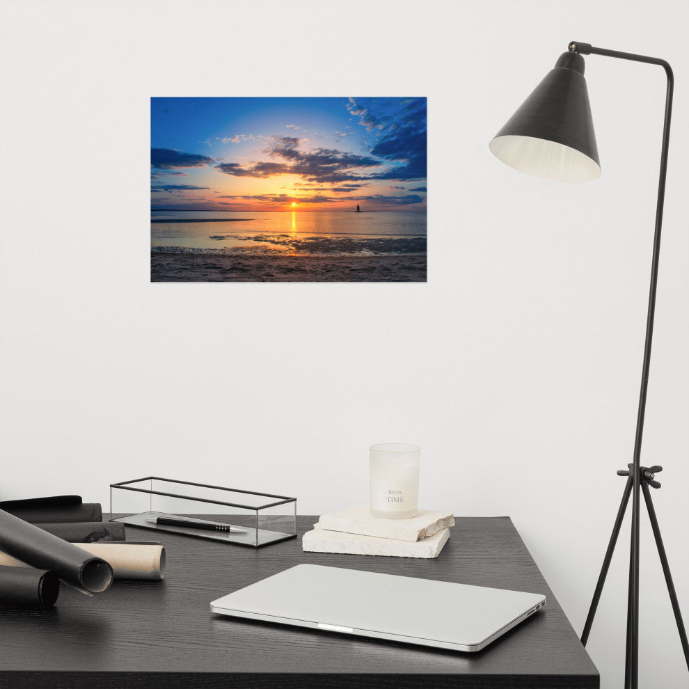 Sunset at Breakwater Lighthouse Coastal Landscape Unframed Wall Art Print, 12" X 18"
