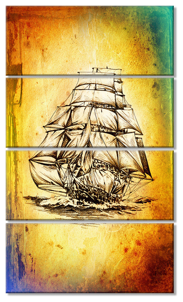 Colorful Old Moving Boat Drawing, Seashore Wall Art on Canvas, 28"x48", 4 Panels