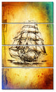 Colorful Old Moving Boat Drawing, Seashore Wall Art on Canvas, 28"x48", 4 Panels