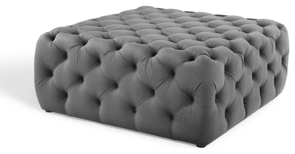 Tufted Accent Chair Ottoman, Square, Velvet, Gray, Modern, Lounge
