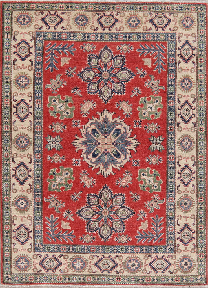 Pakistani Traditional Kazak Hand-Knotted Area Rug Oriental, Red, 6'9"X4'11"