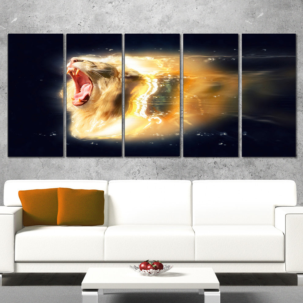 White Lion with Open Jaws, Animal Canvas Wall Art, 60"x28", 5 Panels