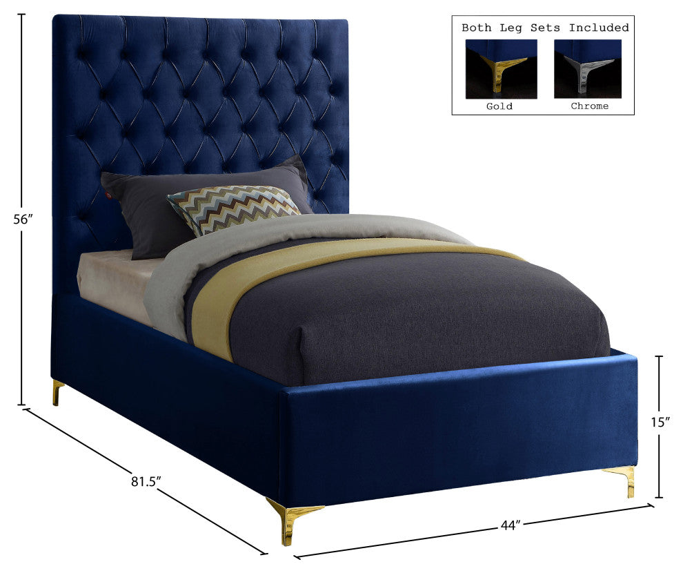 Cruz Velvet Upholstered Bed, Navy, Twin