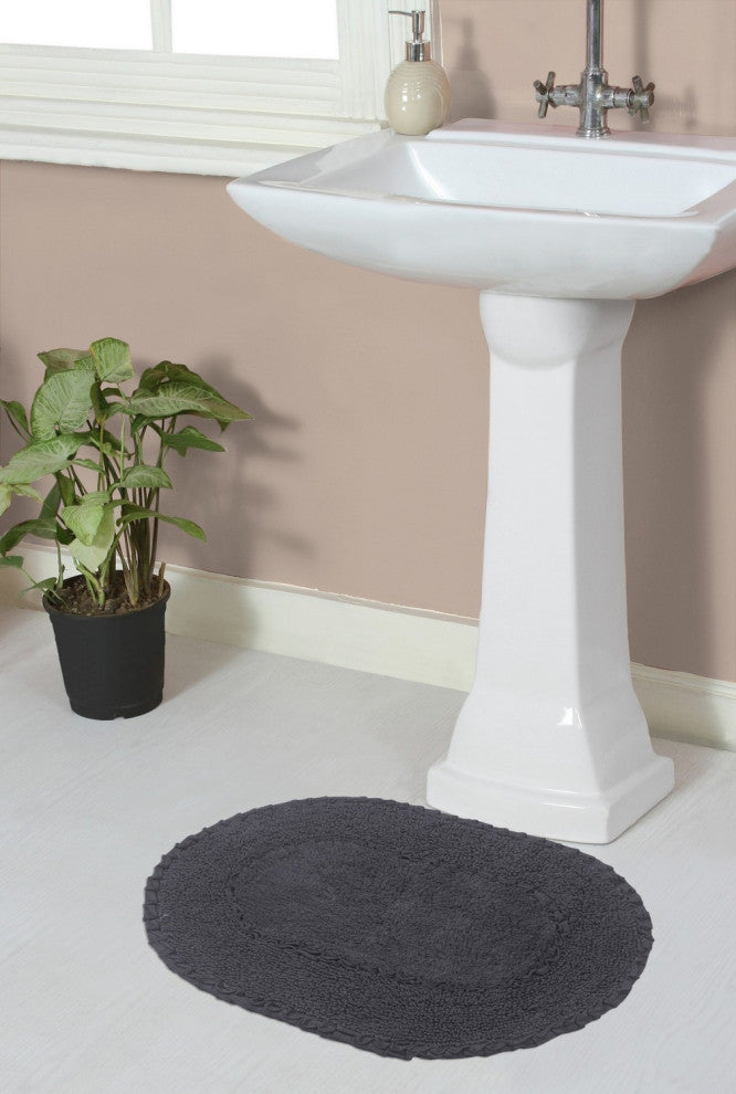 Double Ruffle Collection Bath Rugs Set, 17x24 Rectangle, Gray