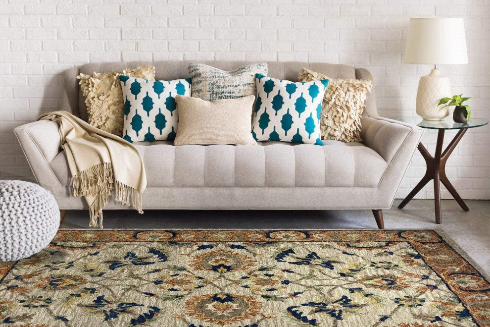 7" x 9" Beige Traditional Floral Vines Area Rug
