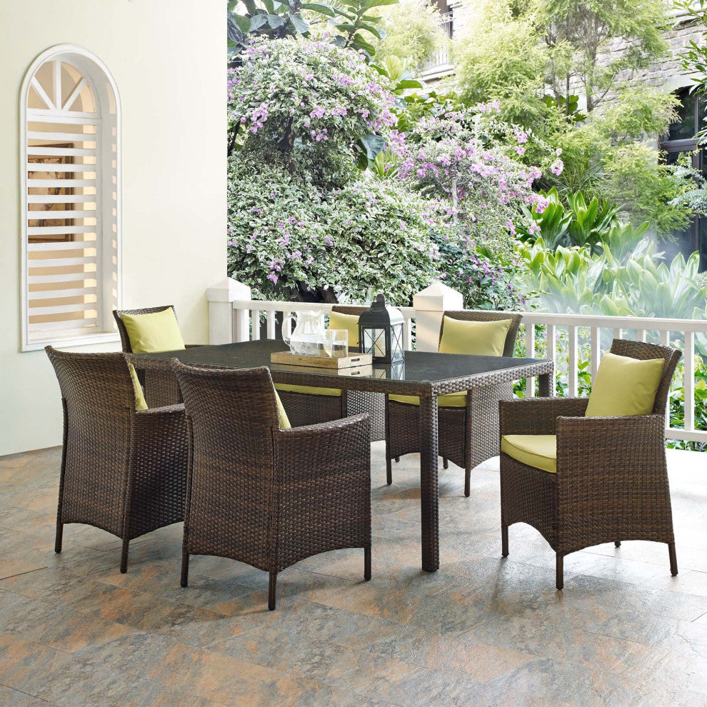 Side Dining Chair and Table Set, Rattan, Wicker, Brown Green, Modern, Outdoor