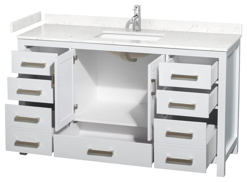 60" Single Bath Vanity, White, Carrara Cultured Marble Countertop, Sink