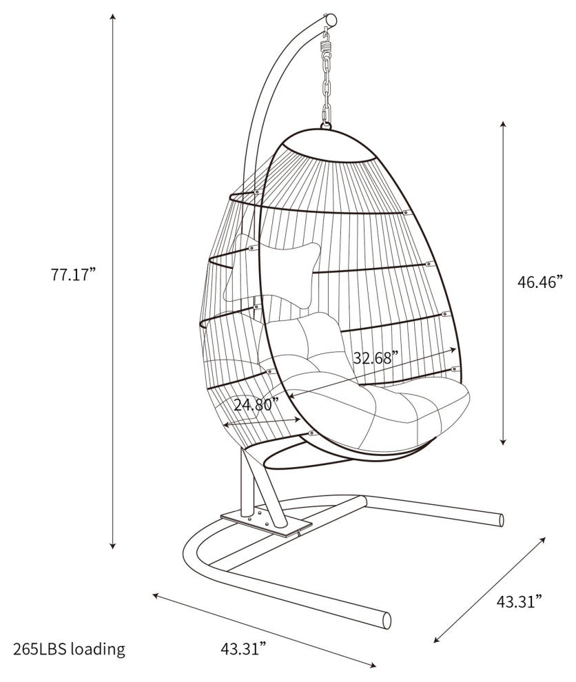 Outdoor Patio Swing Chair Egg Hanging With Cushion and Pillow, Black Beige