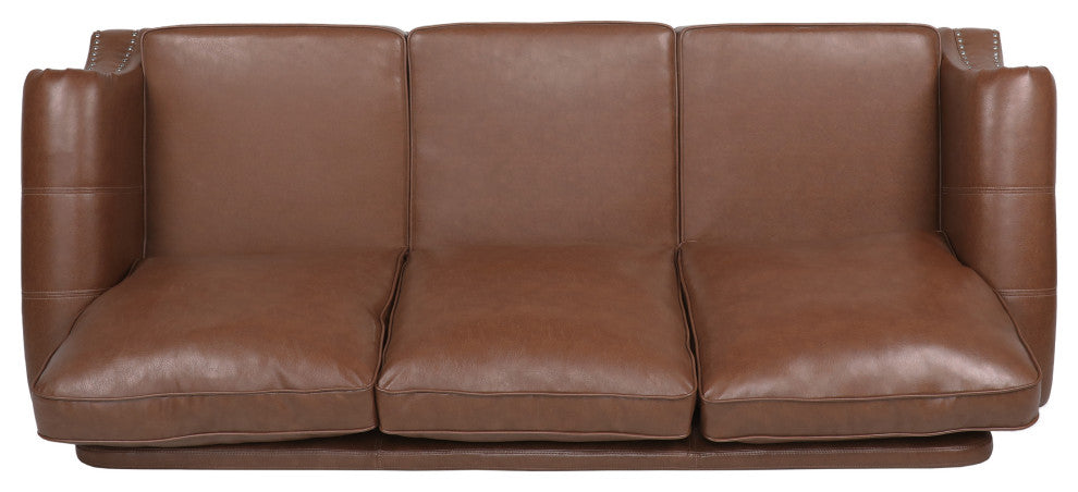 Burkehaven Contemporary Faux Leather 3 Seater Sofa With Nailhead Trim, Cognac Brown/Dark Brown