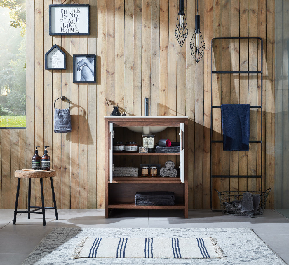 LYON Freestanding Modern Bathroom Vanity, Beige, 30", White Countertop